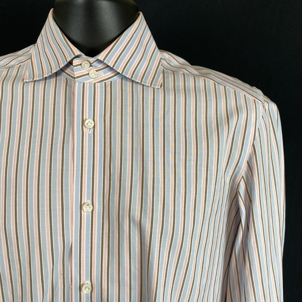 Luigi Borrelli Napoli Striped Dress Shirt 100% Cotton Mens 14.5/37 Blue